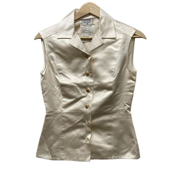 Chanel Sleeveless Shirt Blouse Size 34 S Women - 26781 Ivory Silk